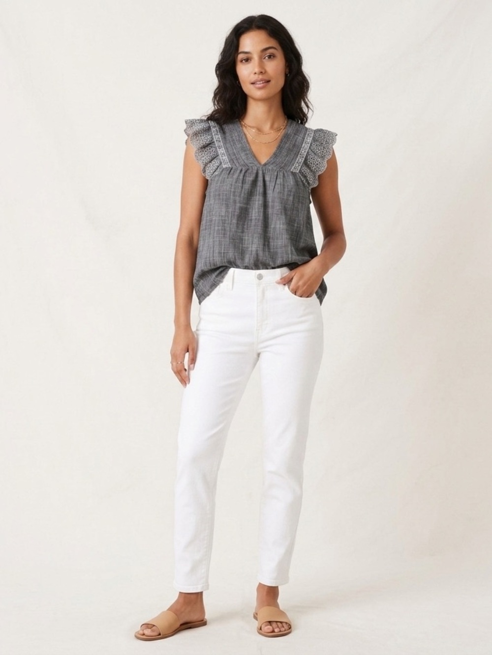 GAP Ruffle-Sleeve V-Neck Eyelet Tank Sz XS Med Indigo Cotton Top Summer Blouse
